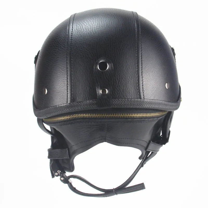 Retro handmade half-pedal motorcycle helmet in black ABS artificial leather for cruiser bikes