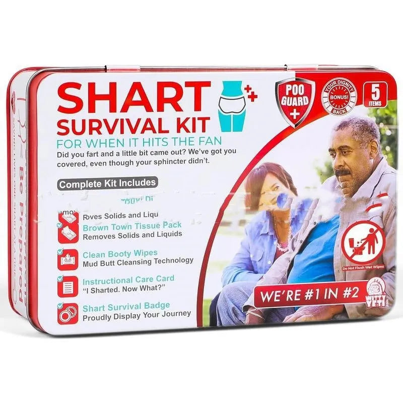 Poop Gift Set Survival Kit in aircraft box with wet wipes, dry wipes, disposable underwear, badge, and instruction card