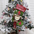 Three large Christmas stockings with Santa Snowman Reindeer 3D plush designs for holiday tree decoration