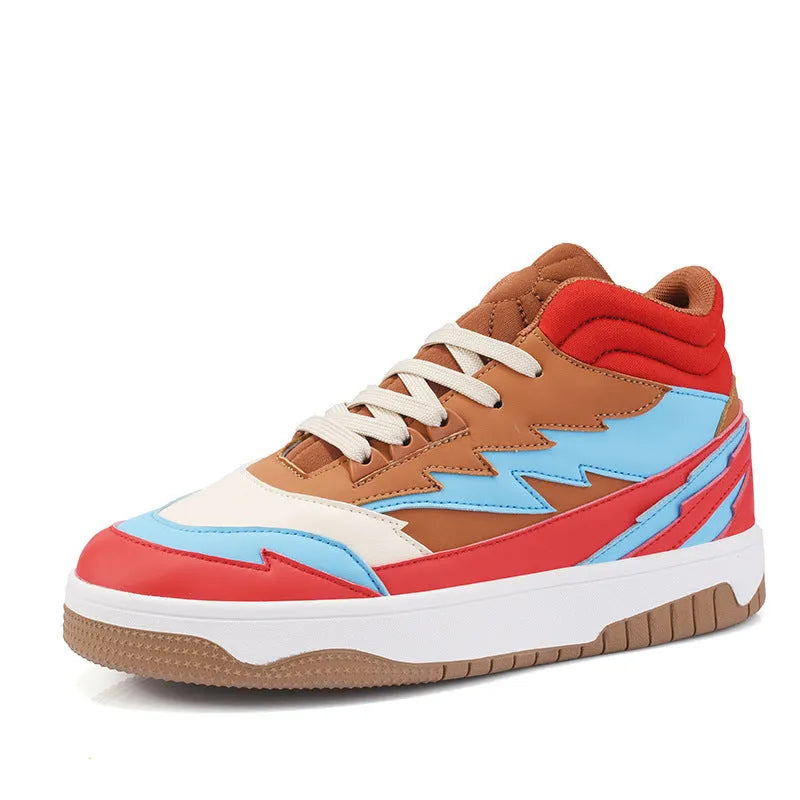 Men's casual high-top lace-up sneakers in brown artificial leather with round toe and rubber sole