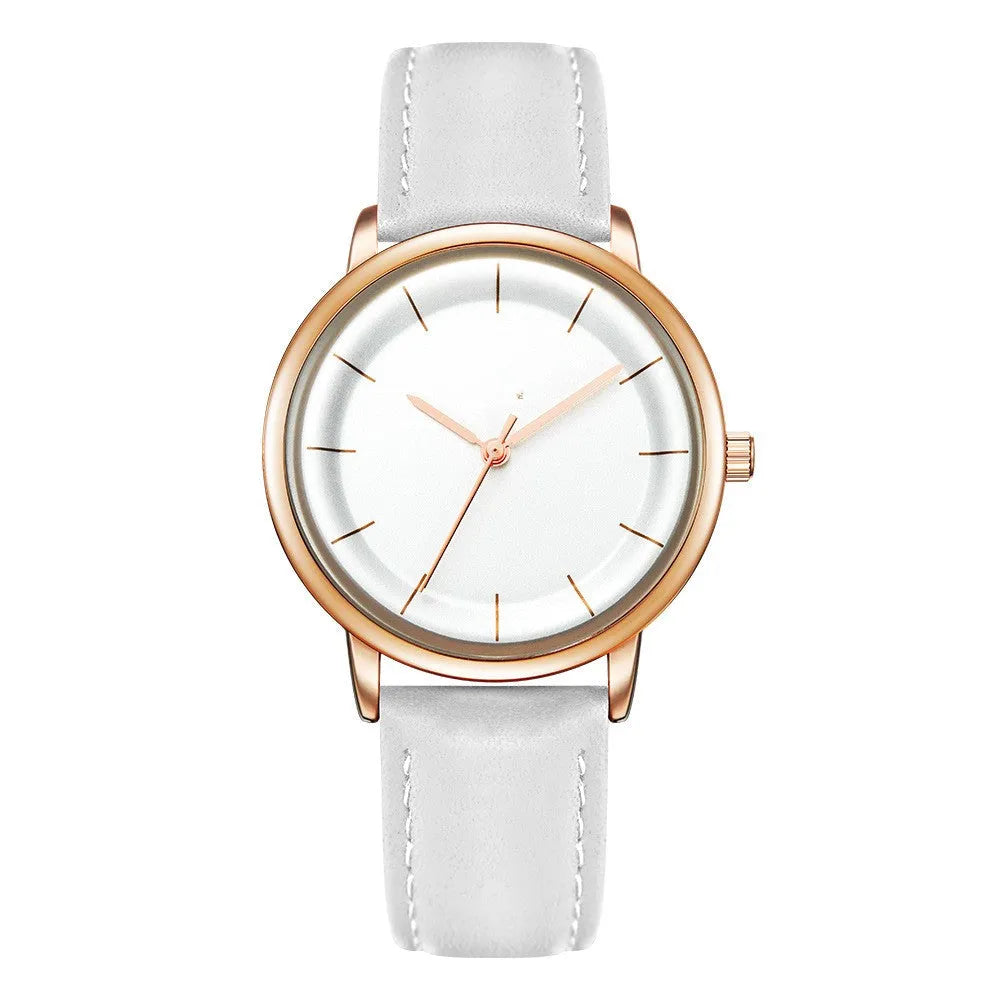 Rose gold alloy case women's quartz watch with white PU strap and round 38mm dial