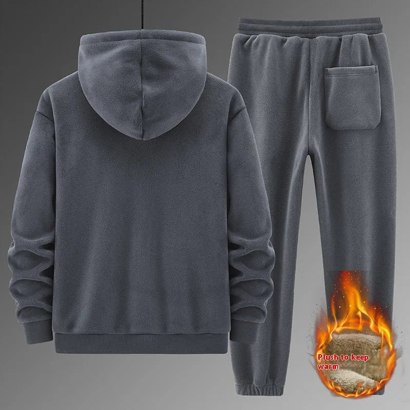 Grey men's hooded sweater and matching cotton blend pants from a casual sports suit set.