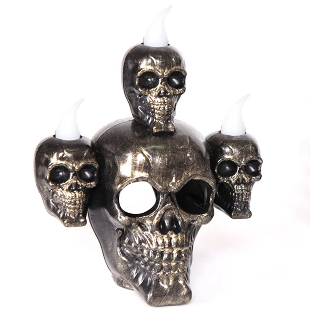 Halloween skull ornament with LED candle light in gold or silver, 14 x 12 x 9cm, flameless indoor decoration