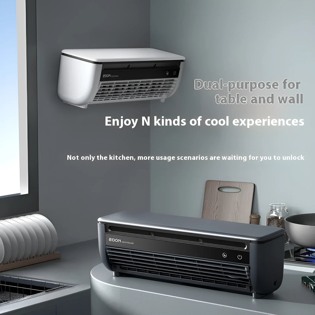 Gray rechargeable wall hanging fan with remote control and USB cable on a wall mount