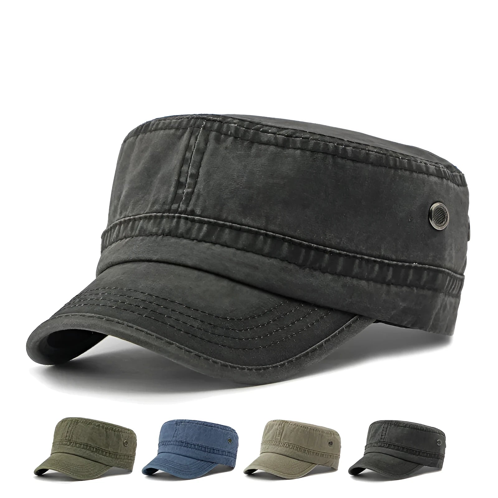 Cotton military flat top cap with adjustable strap in army green colour