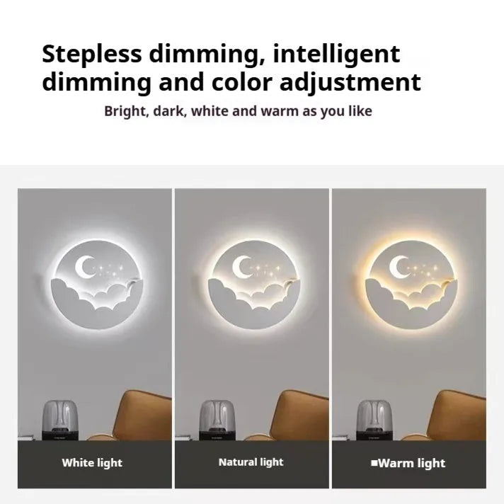 Modern minimalist bedside wall lamp with 28W, 25cm diameter, and adjustable light colour on a hallway wall