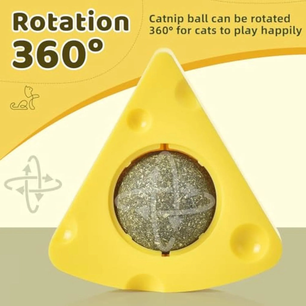 Cheese-shaped catnip balls on wall with mouse-shaped lid, natural catnip toy for cats
