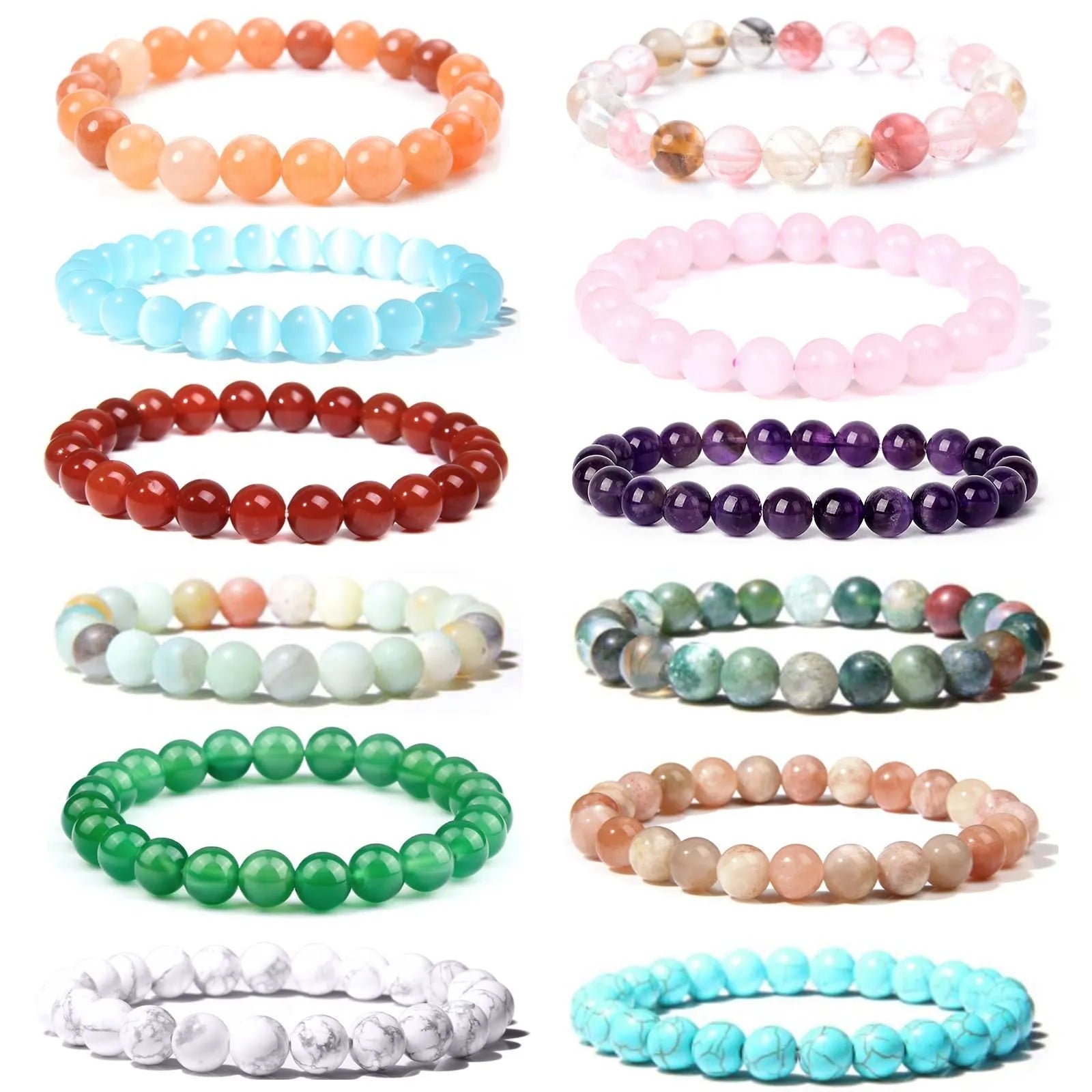 Handmade 8mm geometric bead bracelet in natural stone, showing one of 14 colour options like agate or amethyst.