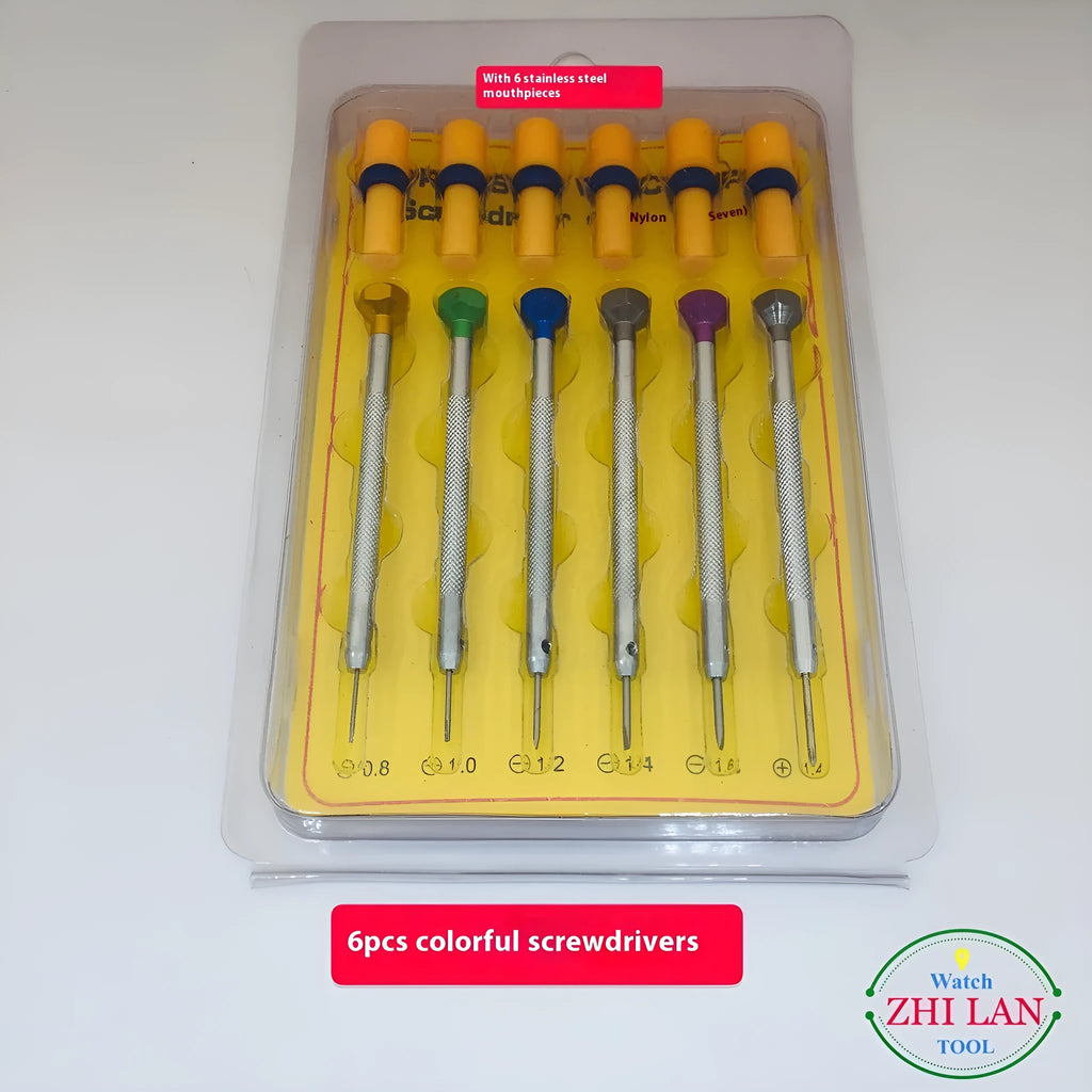 6-piece colour aluminium watch screwdriver set with oxidation-treated heads and copper handles