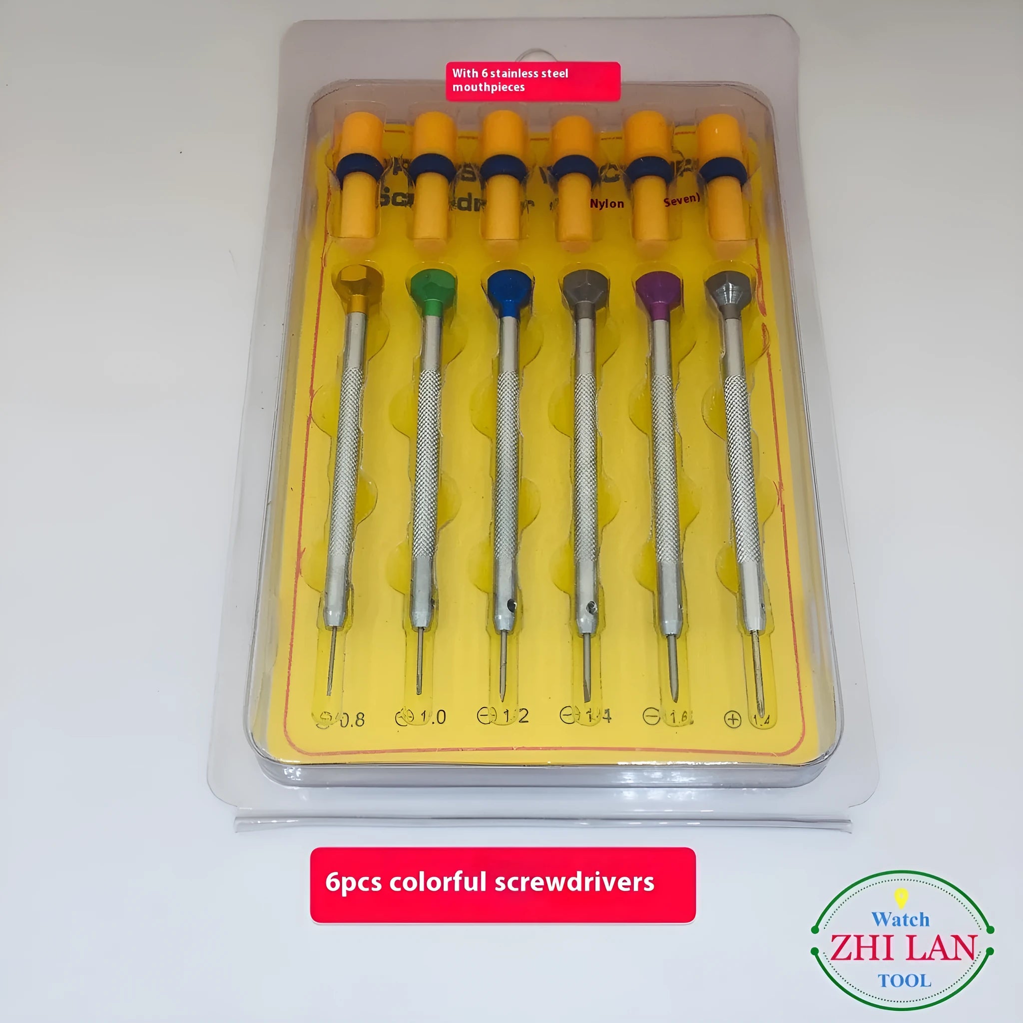 6-piece colour aluminium watch screwdriver set with oxidation-treated heads and copper handles