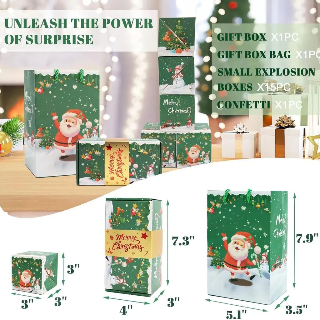 Paper surprise box gift set with bounce boxes, gift box and gift bag in red or green Santa snowman design