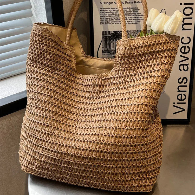Women's large capacity straw bag in beige with double shoulder straps, 41cm wide 39cm high 12cm thick
