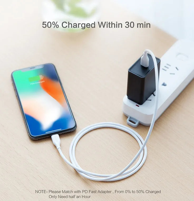 White nylon-braided USB-C to Lightning charging cable for iPhone, 1 metre long