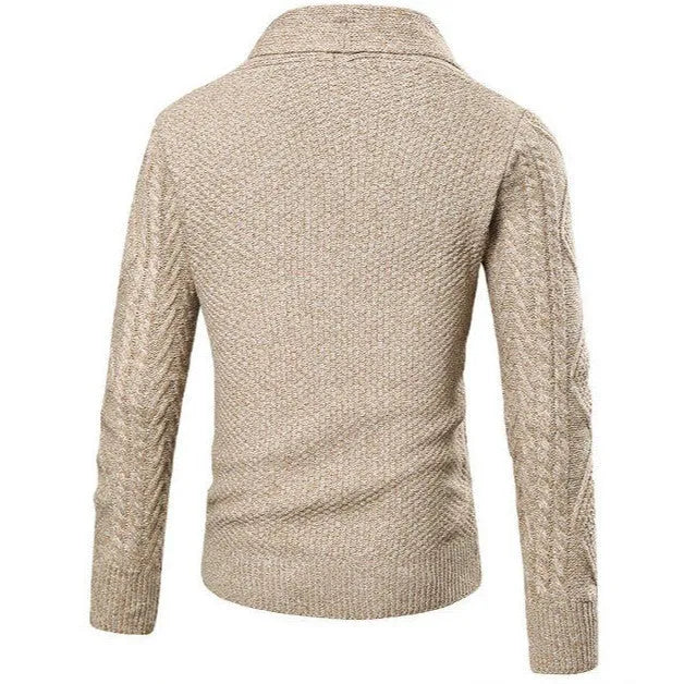 Men's long-sleeved thickening jacquard cardigan in khaki, shown front view on a model