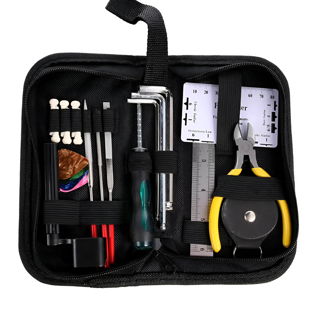 Black plastic case for a guitar repair tool kit, shown with dimensions 200mm by 100mm.