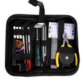 Black plastic case for a guitar repair tool kit, shown with dimensions 200mm by 100mm.