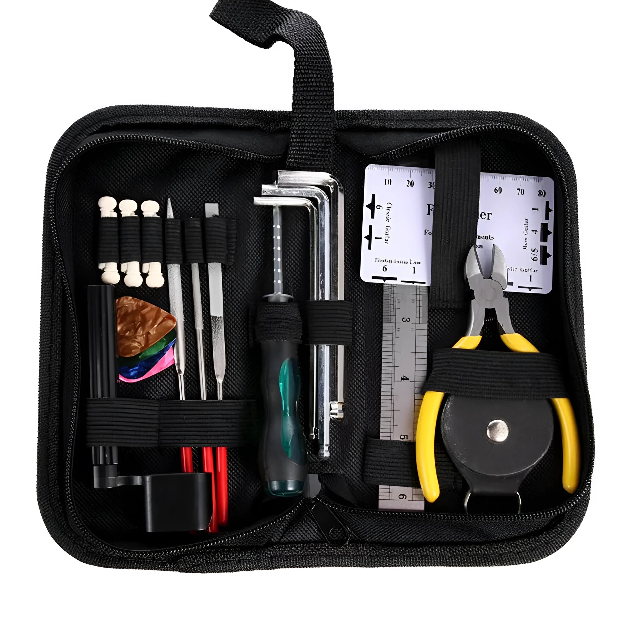 Black plastic case for a guitar repair tool kit, shown with dimensions 200mm by 100mm.