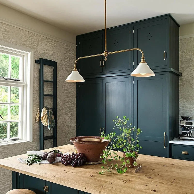 All copper American retro linear chandelier with warm LED light over kitchen island, aluminium lampshade option