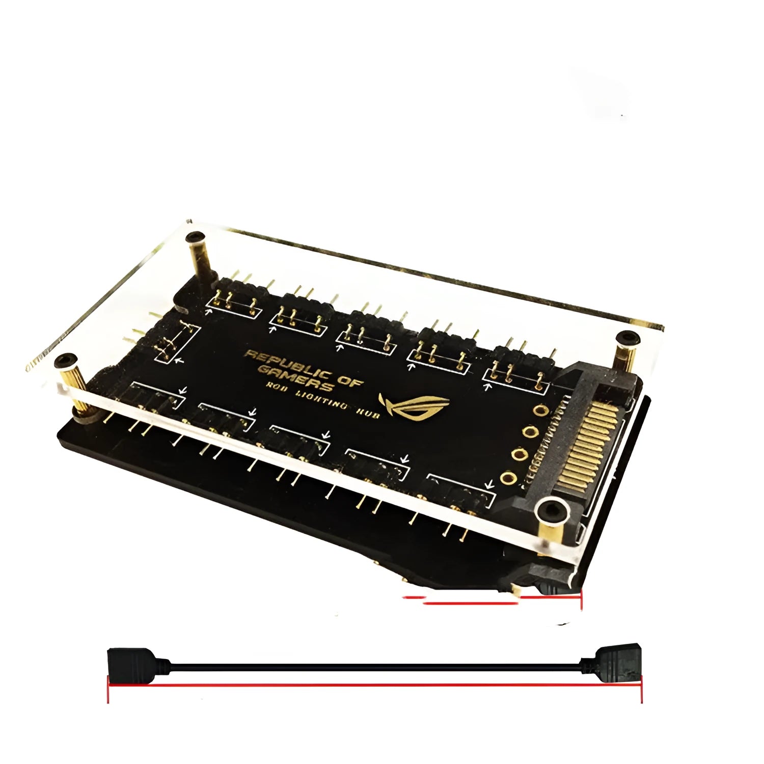 Black PC RGB hub with 10 ARGB ports and SATA power cable for motherboard lighting extension