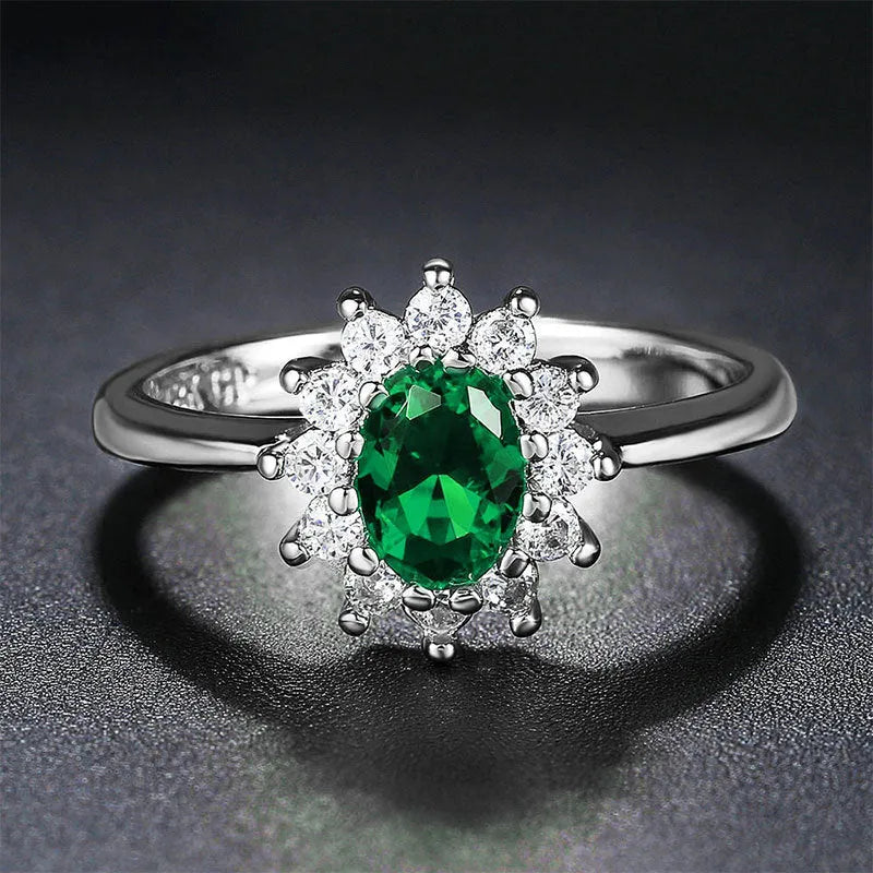 Women's electroplated copper ring with zircon flower inlay in green, pomegranate red or sapphire blue colour