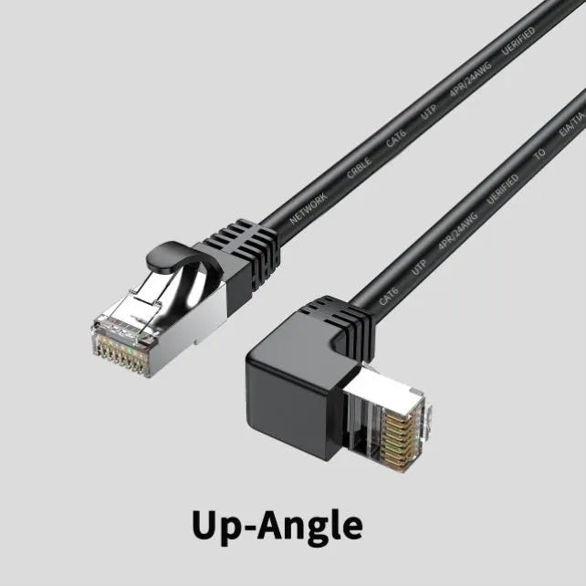 Cat6 Ethernet cable with a right-angle black RJ45 connector alongside cables in white, red, and yellow.