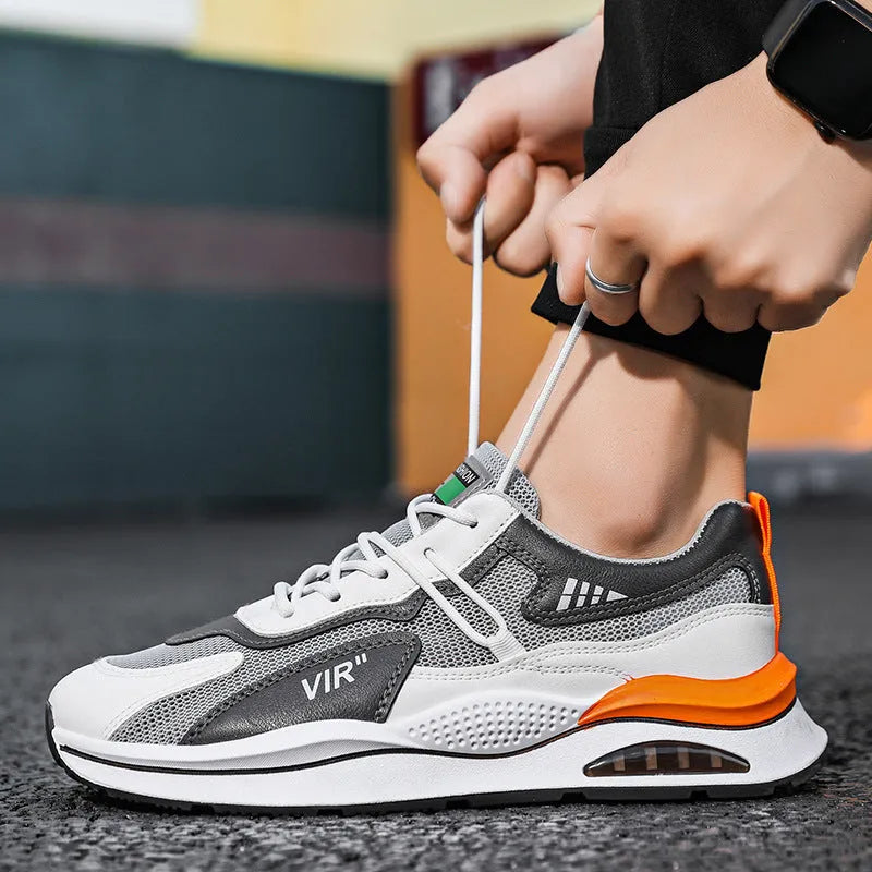 Men's grey breathable mesh running shoes with middle-top design and EVA soles