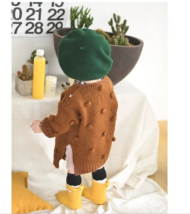 Baby girl sweater in brown, pink, and yellow knit pullover for toddlers 73-100cm