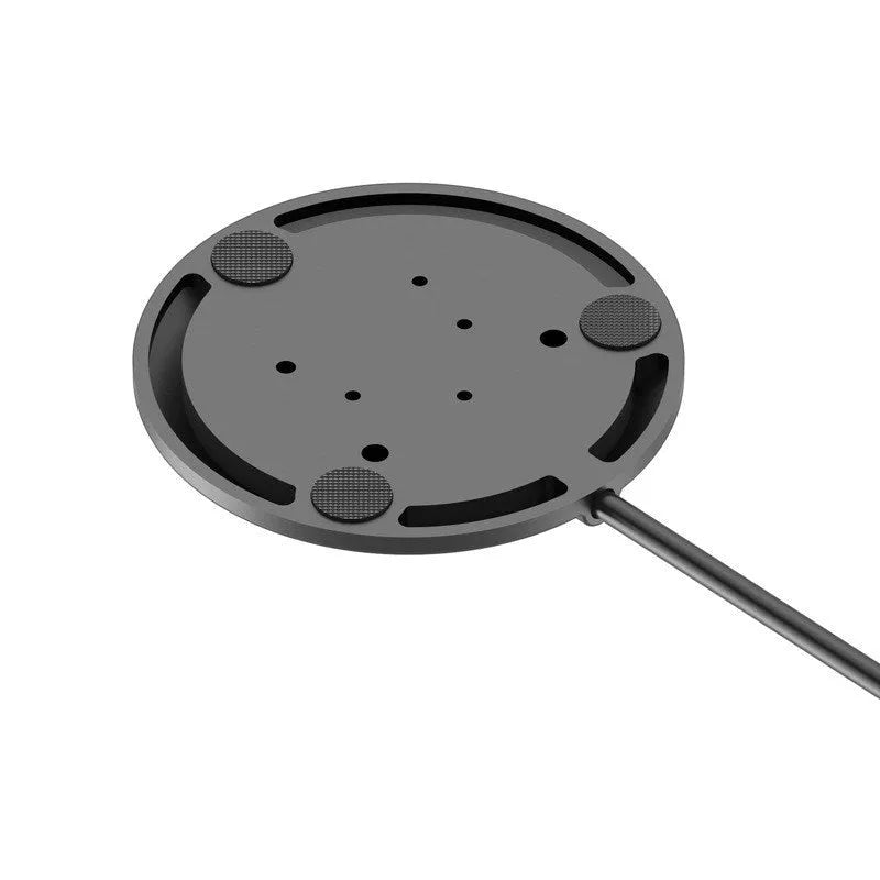 Black USB video conference microphone with zinc alloy shell and metal mesh cover, 70mm diameter, 15mm thick, 2m cable