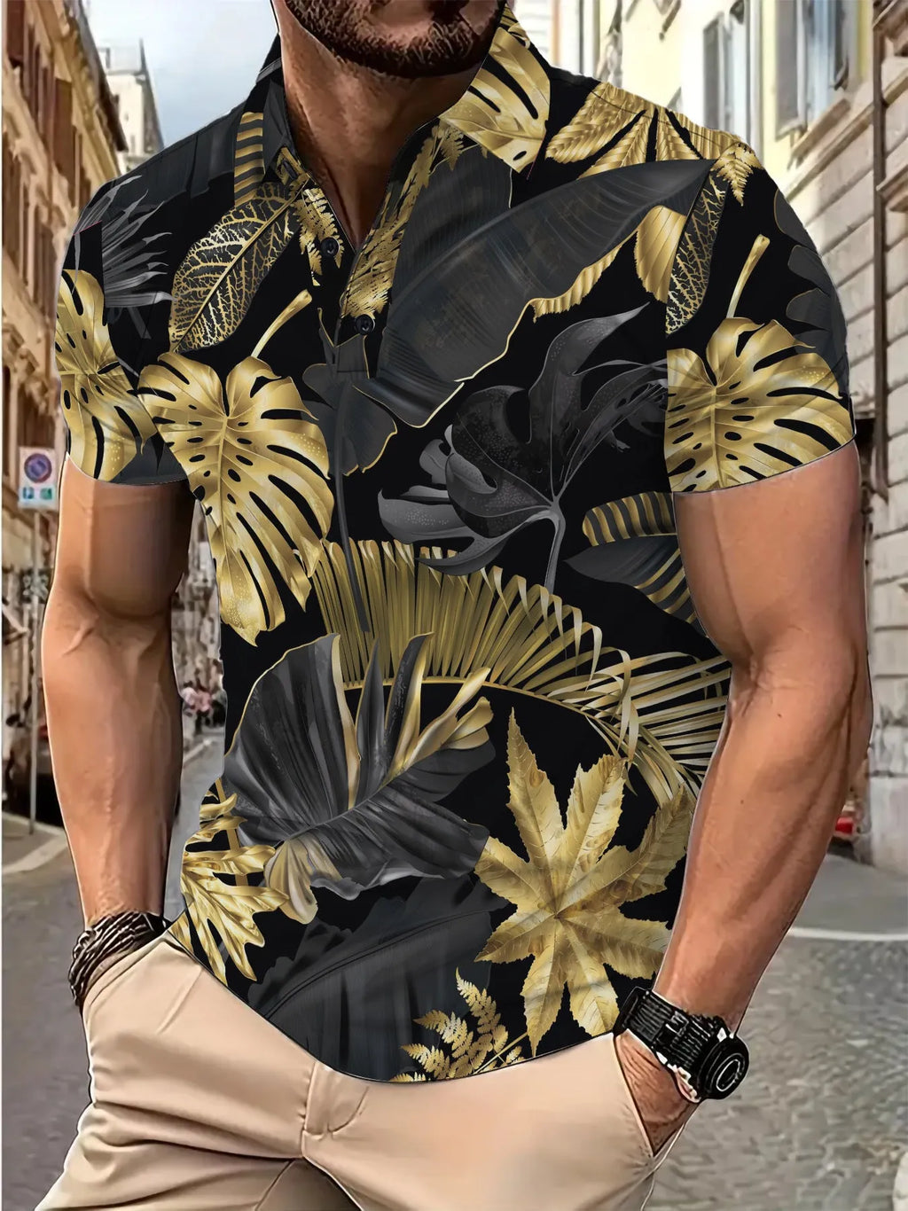 Men's gold tropical plant pattern printed short sleeve shirt