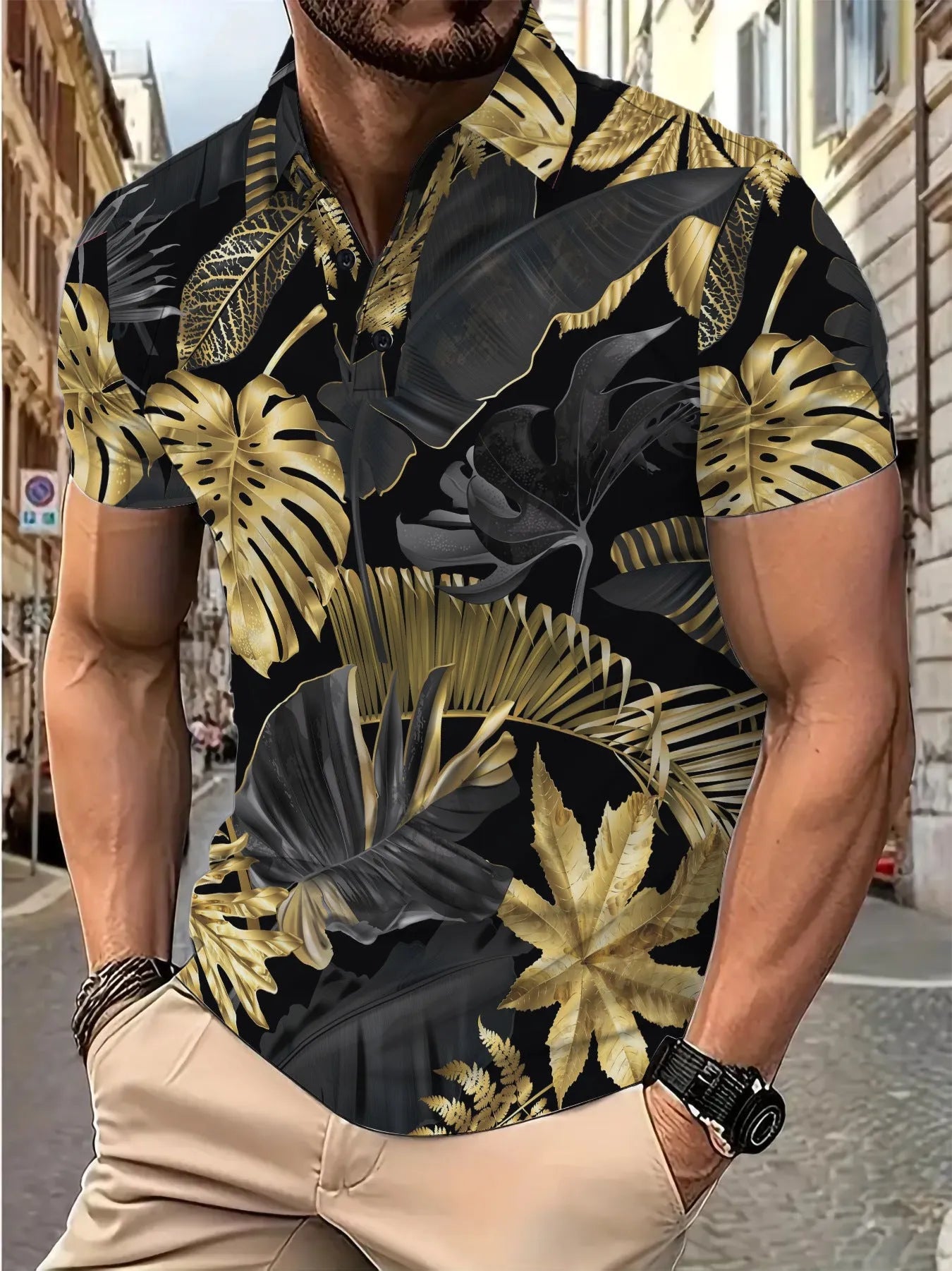 Men's gold tropical plant pattern printed short sleeve shirt