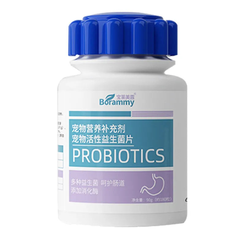 Bottle of 180 beef-flavoured probiotic tablets for pet digestive health.