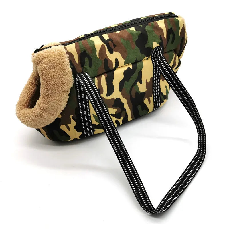 Multi purpose warm pet carrier in canvas and cotton, Camouflage style, size S, with handles and enclosed design