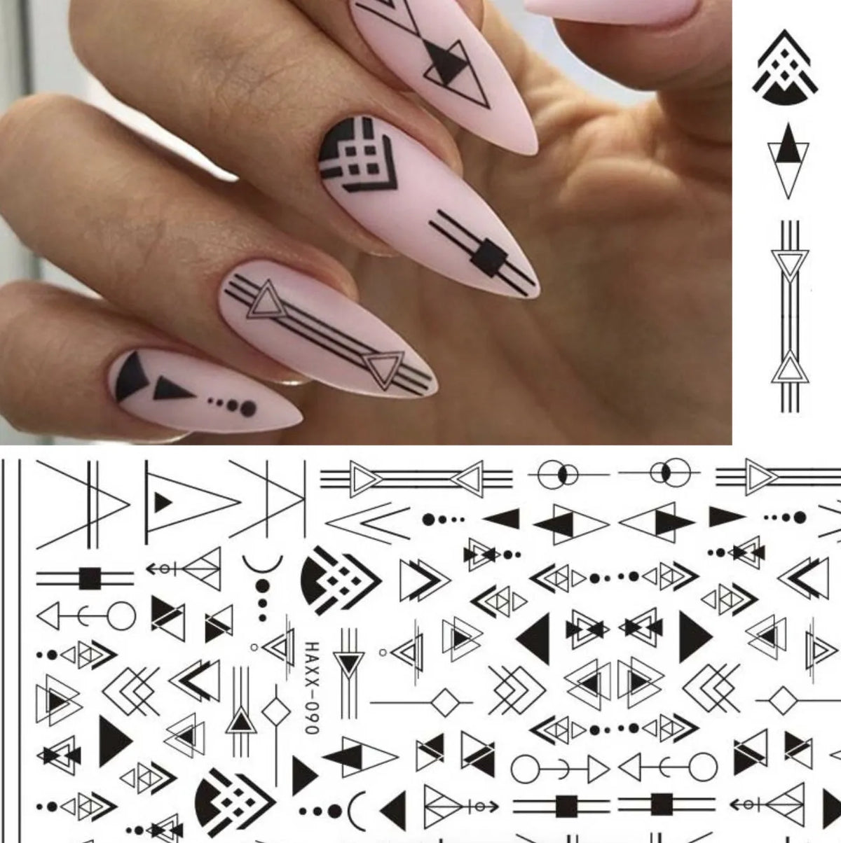 Black butterfly nail stickers with white flower and gold accents on a white background, showing six style options A to F