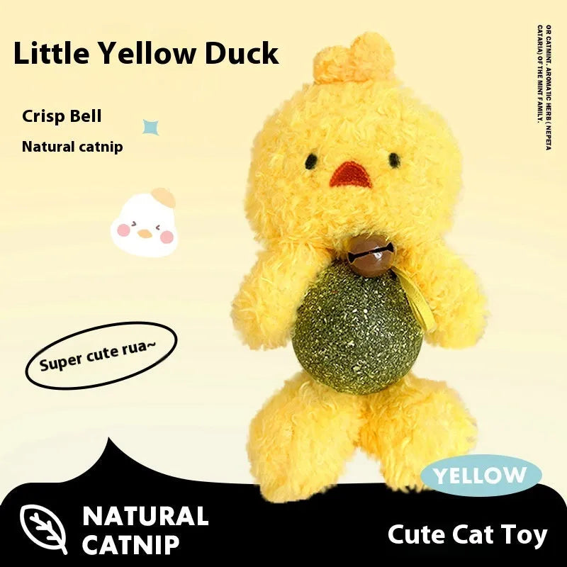 Plush catnip ball toy in brown bear design with a small bell, measuring 15cm tall.