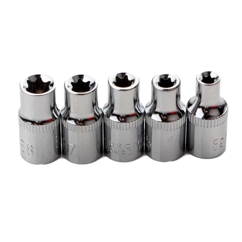 Red box containing a 14-piece chrome vanadium steel E-type socket tool set for auto and mechanical repair.