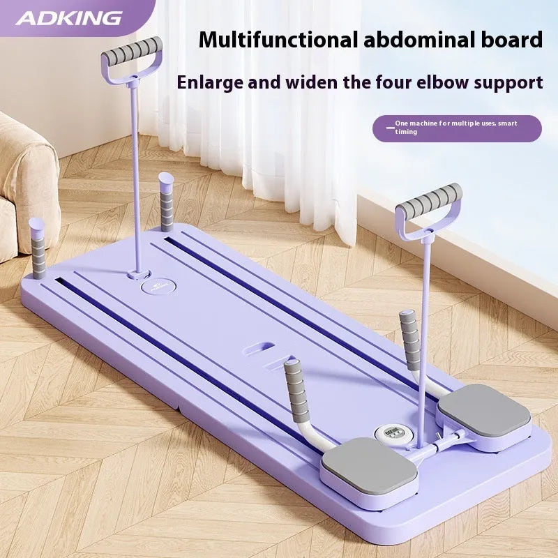 Purple multi-functional fitness board with an automatic rebound abdominal wheel for core and full-body home workouts.