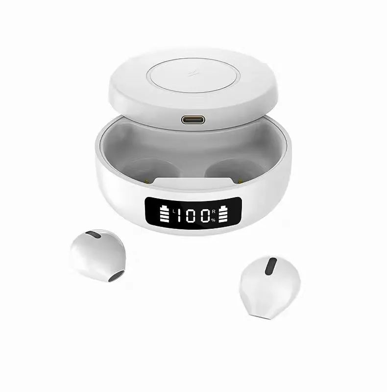 Mini semi-in-ear wireless headphones with a charging case in black, white, and coloured variants.