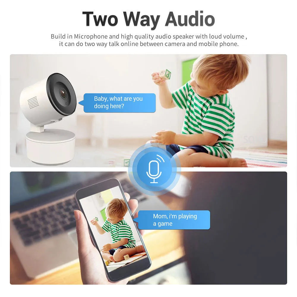 Indoor smart WiFi security camera with pan-tilt mechanism showing measurement scale