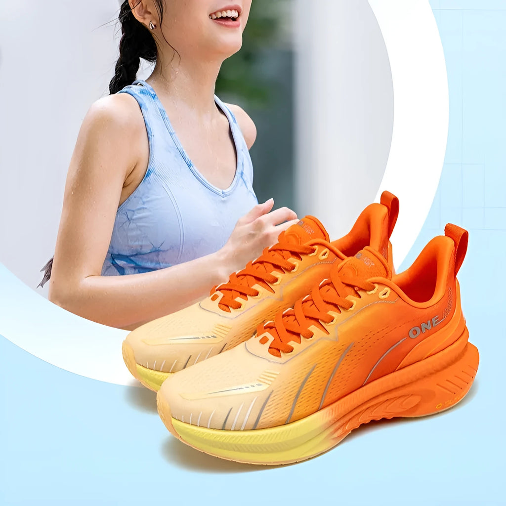 Low-top running sneakers in multiple colours with a striped pattern, PU mesh upper, and rubber sole.