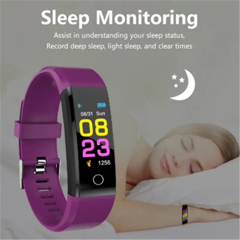 Screen Smart Wristband 115plus fitness tracker with colour LED touch screen on wrist showing heart rate