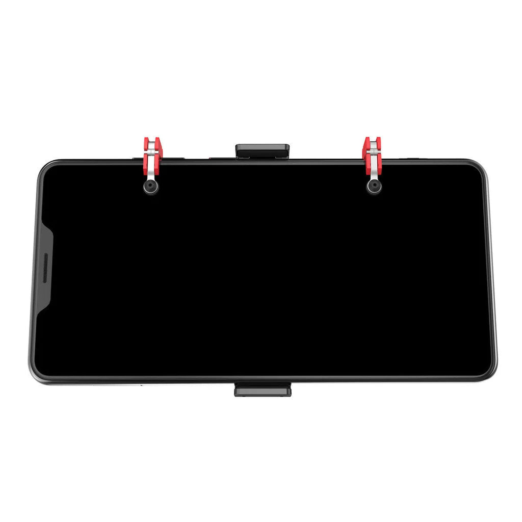 Black PG-9137 mobile gaming trigger handle attached to a phone showing the hidden trigger and telescopic clip.