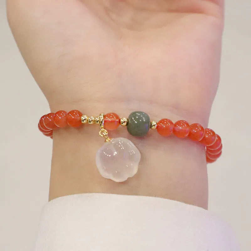 8mm natural red agate bracelet with jade inlay and cat paw animal charm