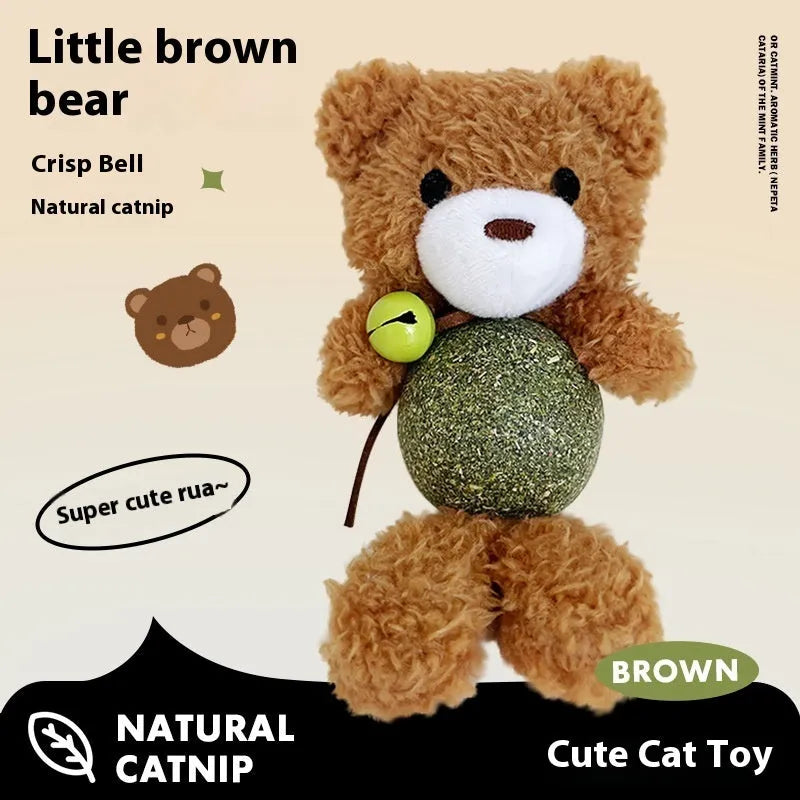 Plush cat toy shaped as a small doll with a mint ball inside, shown in assorted animal designs.