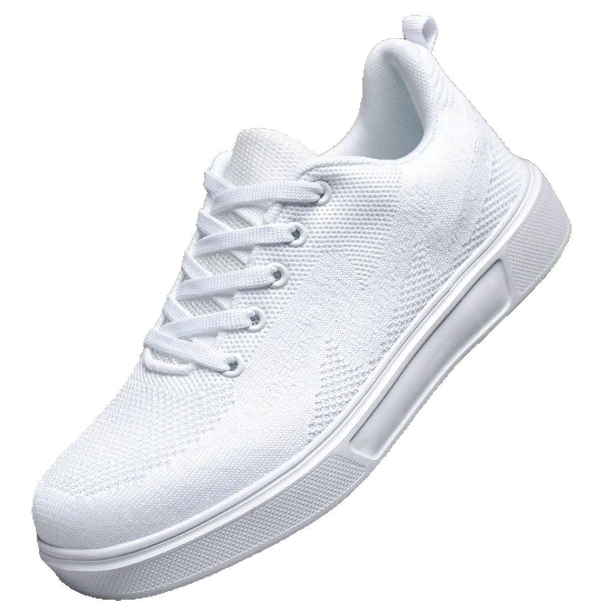 Light white casual board shoes with mesh upper, thick flat EVA sole, and round toe in black and white colour options.