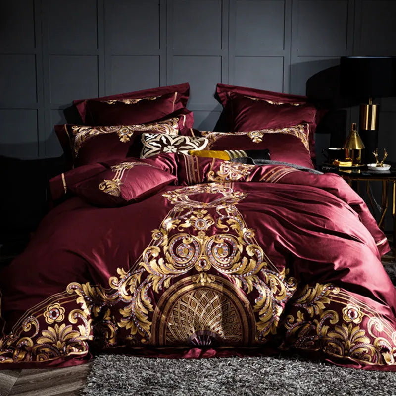 100% cotton embroidered bedding set with duvet cover, bed sheet and pillowcases in grey or red