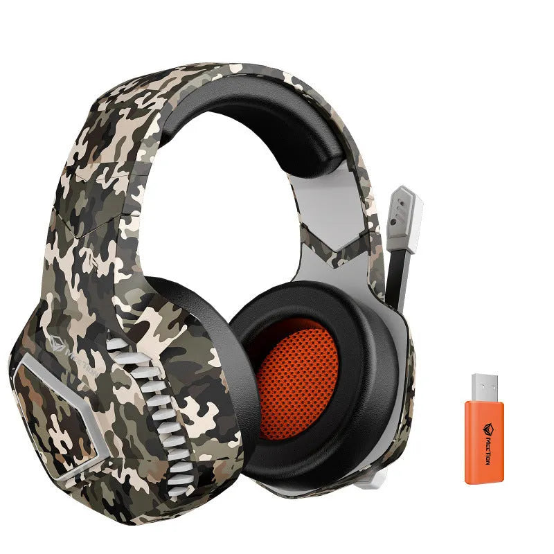 Wireless Bluetooth gaming headset in black or camouflage with rotatable noise reduction, 50mm speakers, 3.5mm plug, and high protein leather earmuffs.