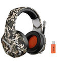 Wireless Bluetooth gaming headset in black or camouflage with rotatable noise reduction, 50mm speakers, 3.5mm plug, and high protein leather earmuffs.