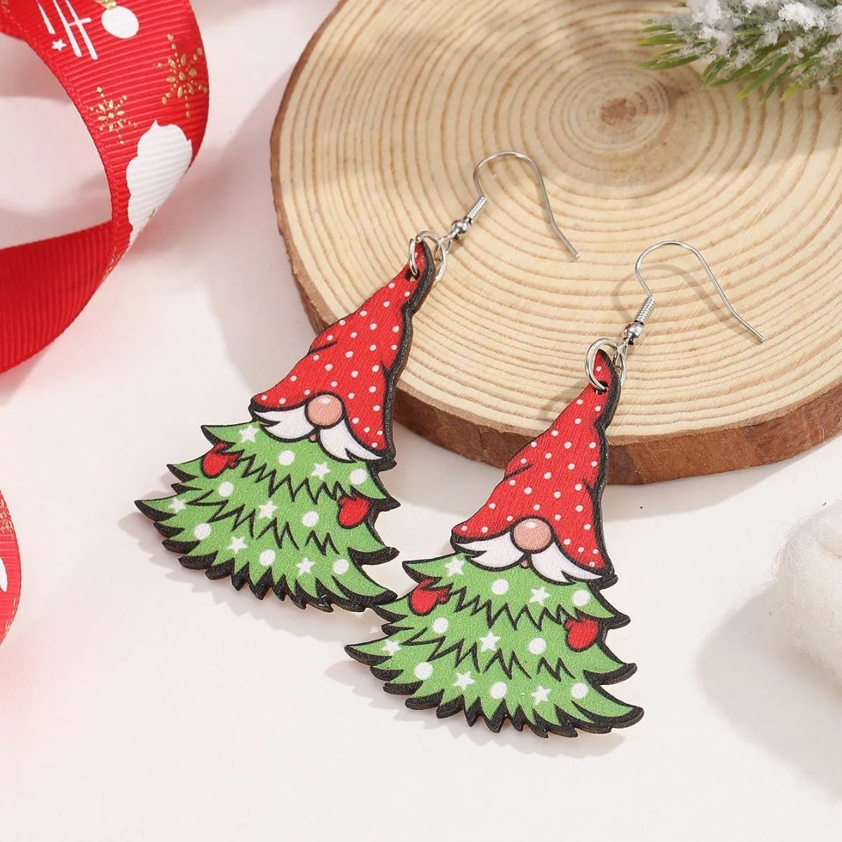 Women's creative Christmas wooden earrings with Christmas tree and water drop snowman designs