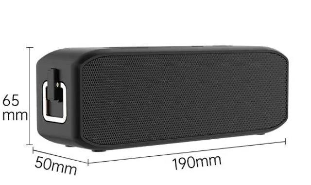 Black portable wireless Bluetooth speaker with waterproof construction and 20W output power