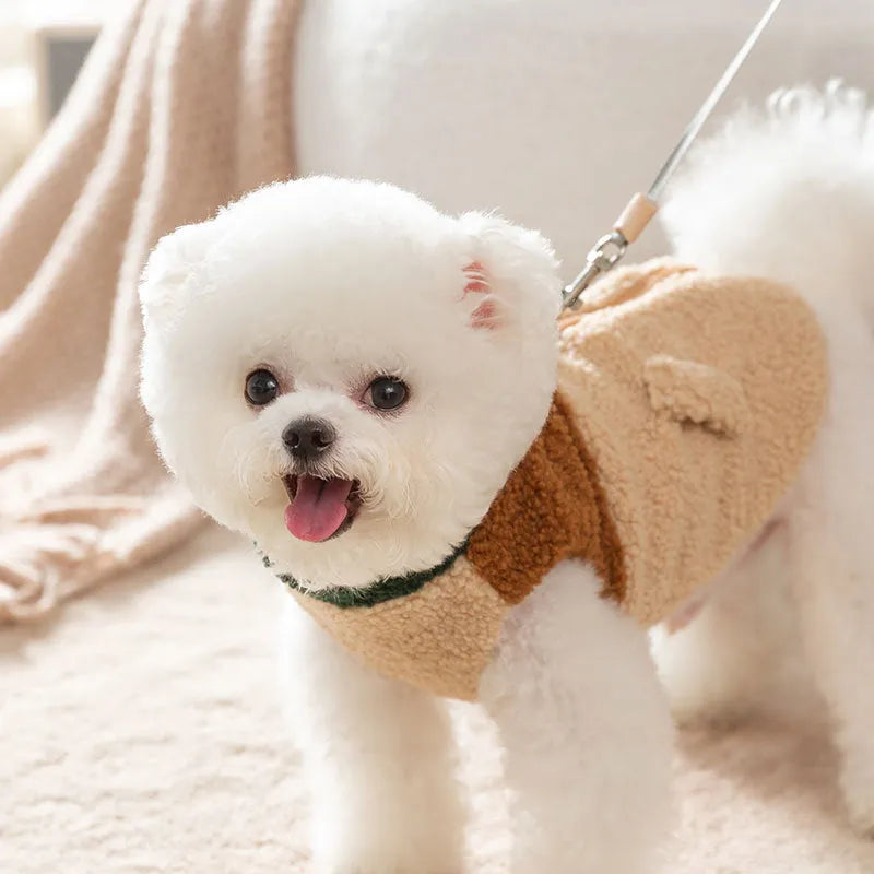 Color-block pet fleece jacket in green brown beige with squirrel patch leash ring and pockets